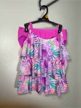 Justice Pink and Purple Floral Ruffle Tankini with Bikini Bottom